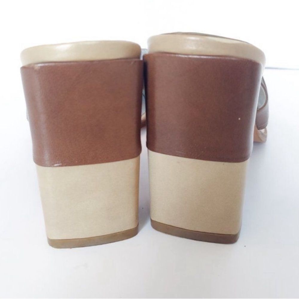 Bruno Magli Two-Tone Brown and Cream Crisscross Block Heel Mules - Picture 5 of 7
